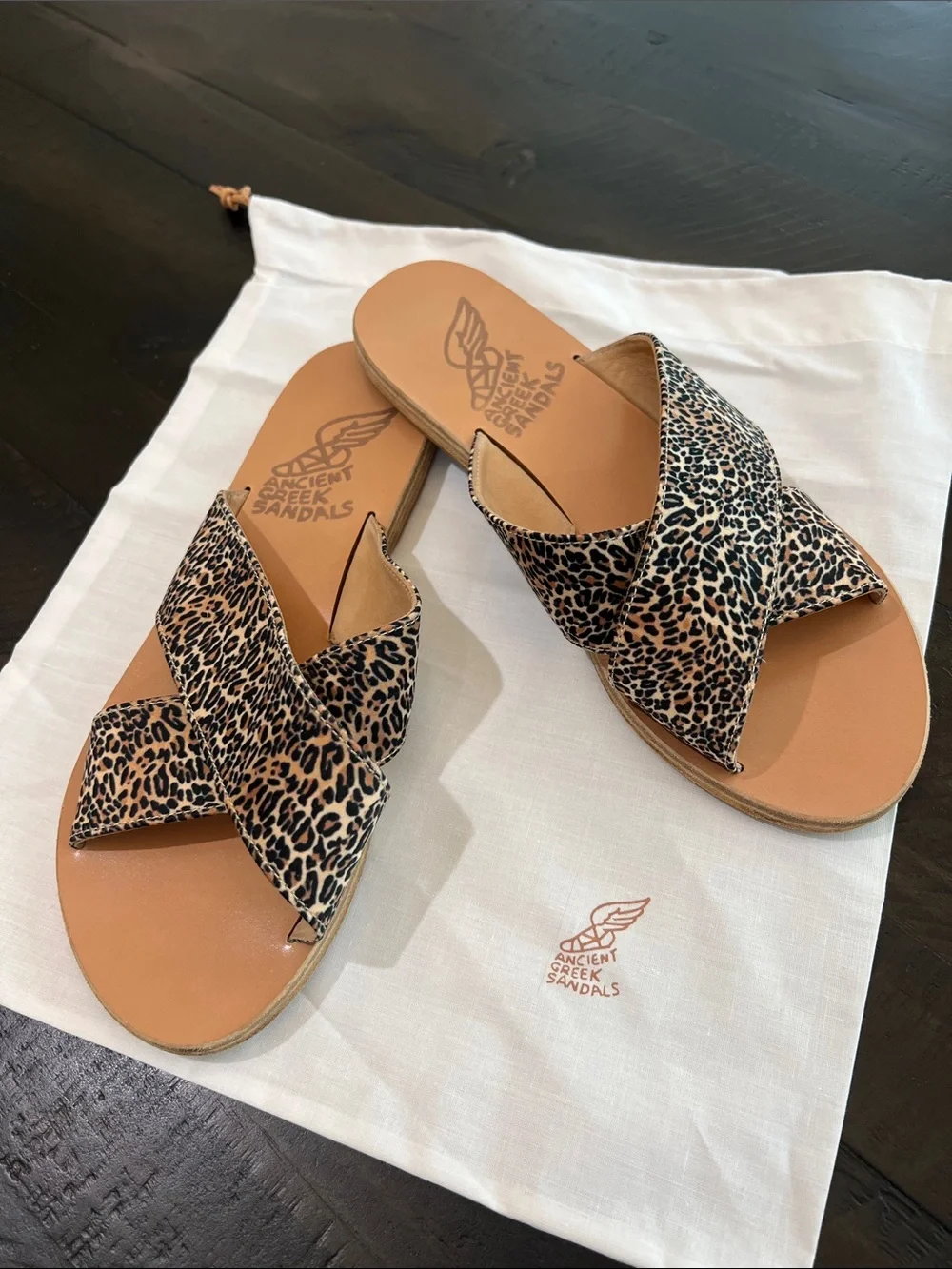 Ancient Greek Sandals Leopard Print Crisscross Slide Sandals - Tan/Black